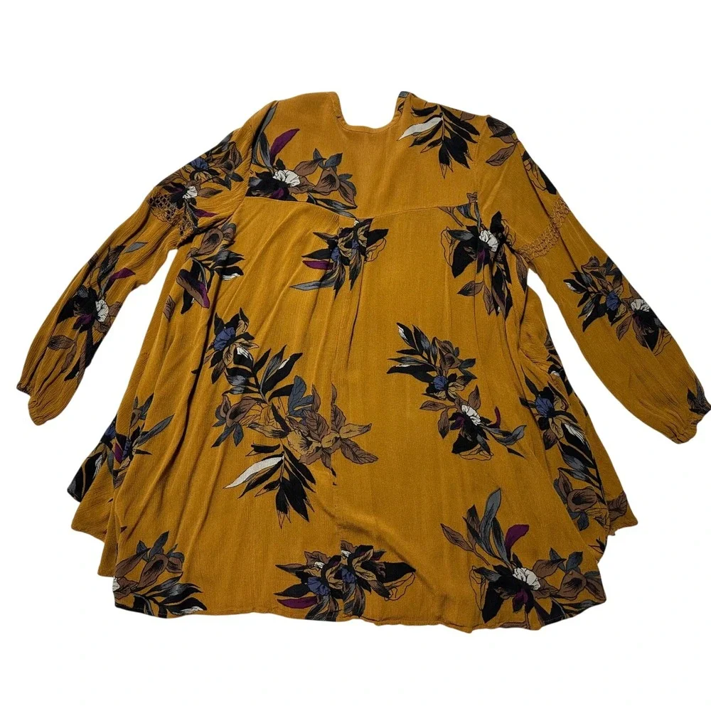Free‎ People Floral Print Tunic Mini Dress Long Sleeve Mustard XS